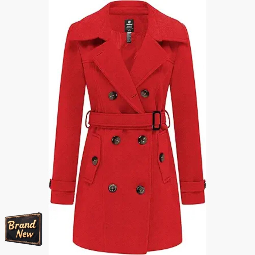 Double Breasted Pea Coat With Belt, Wool Blend, Windproof Winter Coat